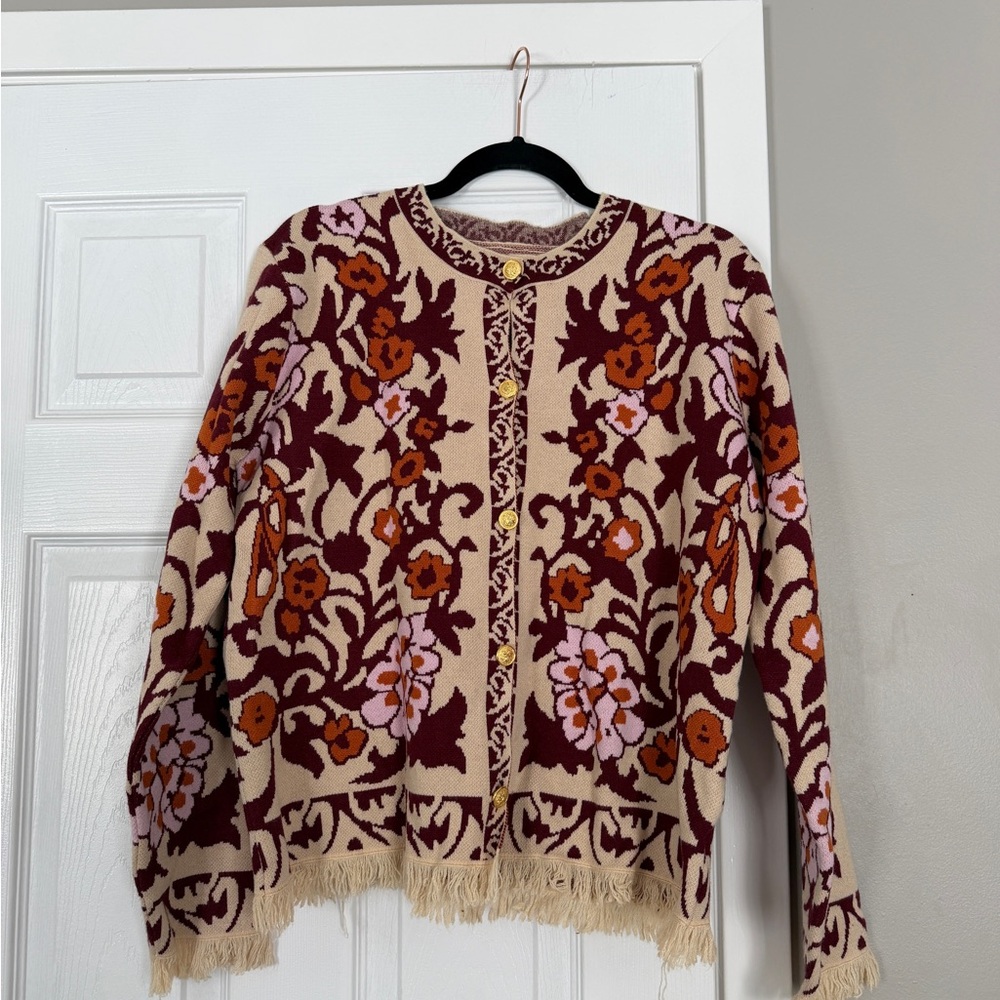 Floral Knit Fringe Taupe Burgundy Sweater